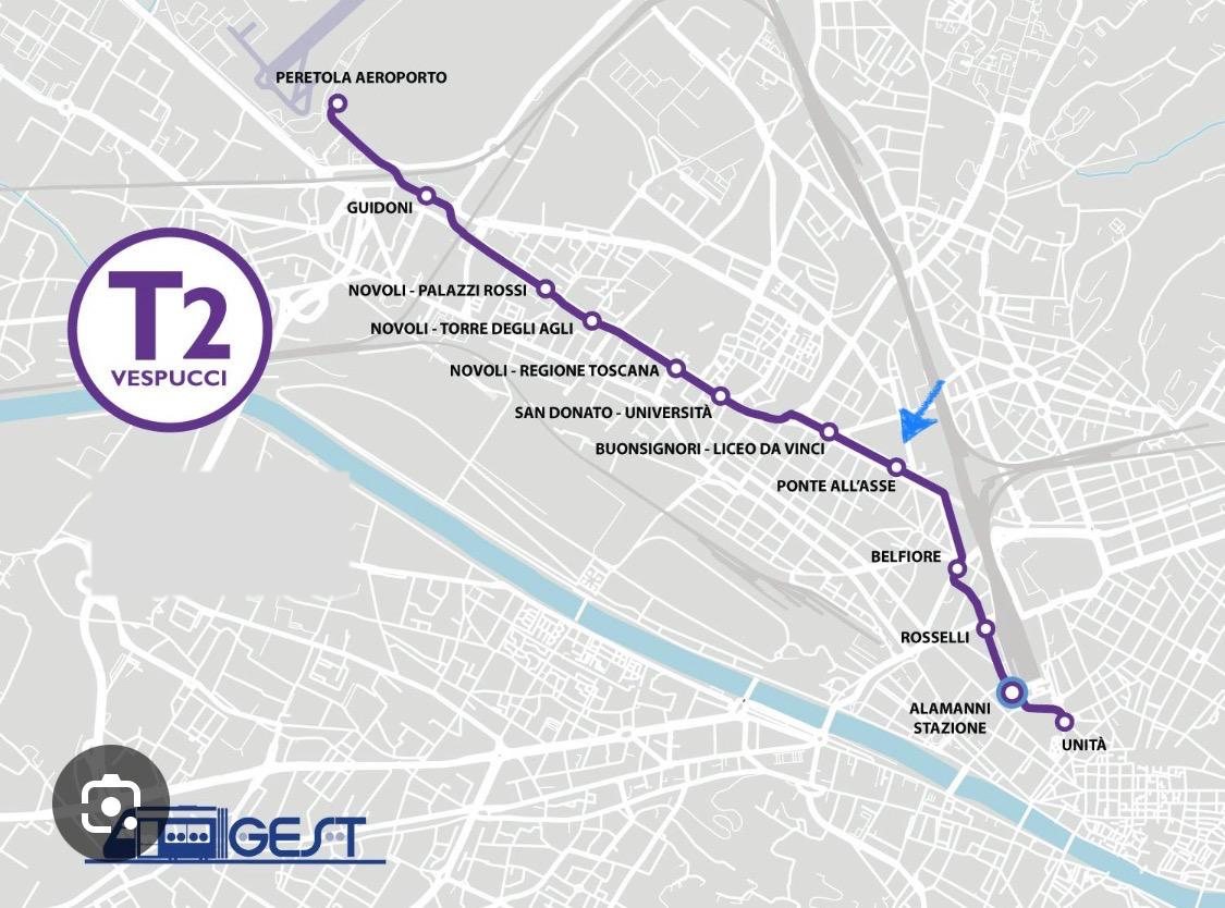Mappa della linea T2 Vespucci della tramvia di Firenze, dall'aeroporto di Peretola alla stazione di Santa Maria Novella
